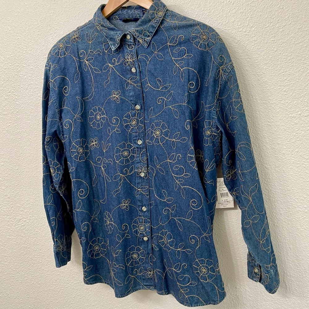 NWT Shaver Lake Floral Embroidered Blue Denim Shirt Shacket Jacket Women’s XL
